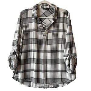 Angels Forever Young Plaid Roll Tab Sleeve Collared Pullover Soft Top 1X Chic
